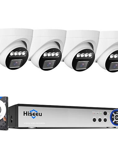  5MP Hiseeu Home Security Camera System Face Detection w/4 Pcs Dome&Indoor Security Cameras PC/Mobile Remote Access Night Vision 7/24 Record Motion Alerts for CCTV Surveillance