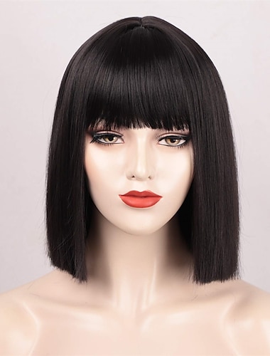 Black Bob Wig with Bangs Short Black Wig for Women Straight Bob Wigs Heat Resistant Synthetic wig Mia Wallace Cleopatra Cospaly Daily Party Use 12