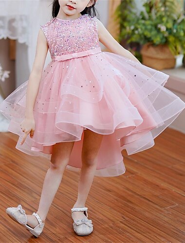  Infantil Para Meninas Vestido Vestido de festa Côr Sólida Sem Manga Espetáculo Casamento Ocasião Especial Paetês Com Transparência Elegante Moda Adorável Poliéster Longo Vestido de festa Vestido de