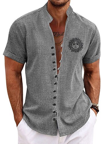  Men's Sun Vintage Shirt Button Up Shirt Short Sleeve Fashion Streetwear Designer Outdoor Vacation Daily Summer Spring Stand Collar Print Blue Green Khaki Gray Light Blue