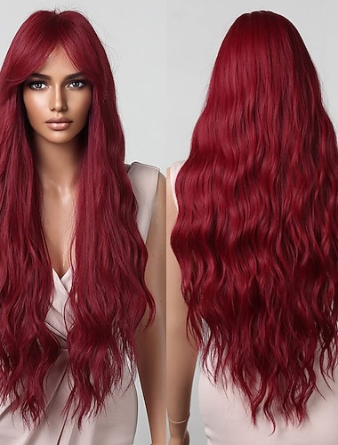  perucas vermelhas para mulheres cosplay longa natural ondulado festa peruca de cabelo sintético com franja