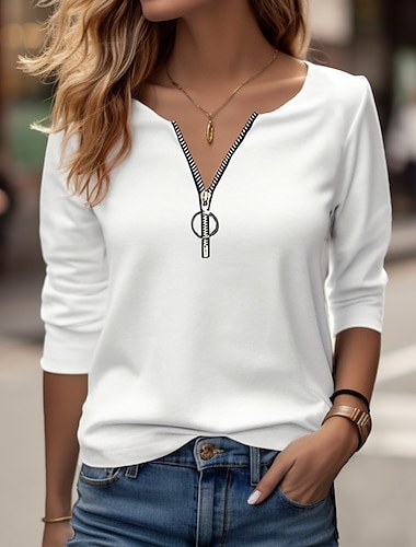  Women's T shirt Tee Plain Quarter Zip Daily Weekend Elegant Fashion Daily Long Sleeve Half Zip V Neck White Fall & Winter