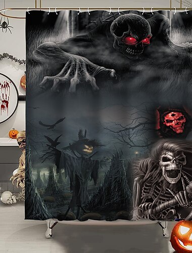  Halloween-Horror-Duschvorhang mit Haken, Halloween-Badezimmer-Dekor, wasserfester Stoff-Duschvorhang-Set mit 12 Kunststoff-Haken, Skelett-Kürbis-Hexe