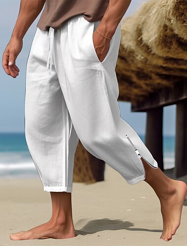  Homens Calças de linho Calça verão Calças de praia Com Cordão Cintura elástica Perna Zip Tecido Conforto Respirável Casual Diário Feriado Misto de Algodão e Linho Moda Estilo Clássico Preto Branco