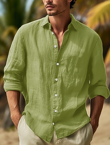  Homens Camisa Social camisa de linho camisa de botão camisa de verão camisa de praia Preto Branco Rosa Manga Longa Tecido Lapela Primavera Verão Casual Diário Roupa