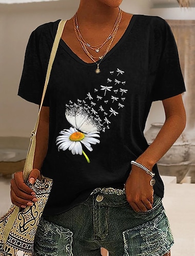  Women's T shirt Tee Floral Butterfly Print Holiday Weekend Basic Short Sleeve V Neck Black