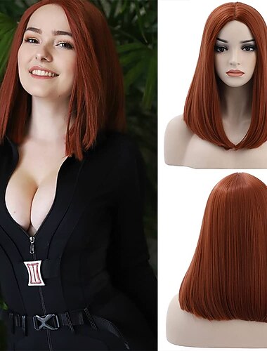  باروكات تنكرية من فيلم الأرملة السوداء للنساء شعر مستعار صناعي بطول الكتف من الحرير البني مستقيم للفتيات والاستخدام اليومي لعيد الهالوين