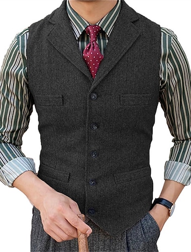 Men's Tweed Casual Business Vests Lightweight Waistcoat Solid Color Tailored Fit Notch Single Breasted Five-buttons Silver Black Red 2024