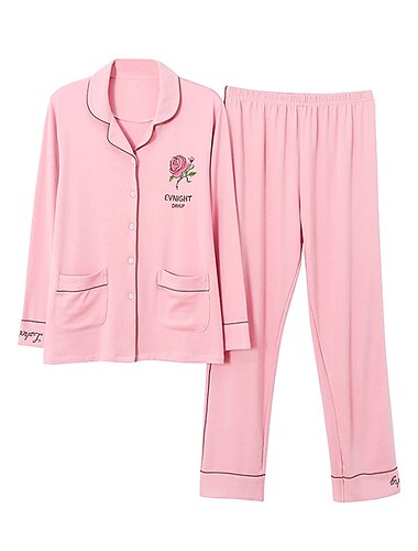  pyjamas för kvinnor pyjamastopp och byxuppsättningar bokstavsblomma tights / leggings avslappnad komfort hem daglig säng bomull andas lapel långärmad skjorta byxknappficka sommar höst hem kläder