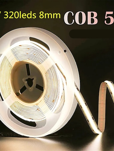  Tira de luces led cob de 5m CC, 12v, 8mm, iluminación lineal de alta densidad, 320leds, cinta flexible, cinta de luces, decoración blanca natural cálida, ra90