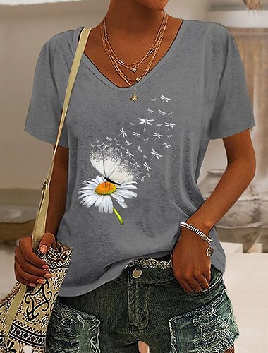  Damen T Shirt Schmetterling Löwenzahn Basic Kurzarm V Ausschnitt Normale Oberteile Wochenende Bedruckt Schwarz Rosa Blau Purpur Grün Sommer