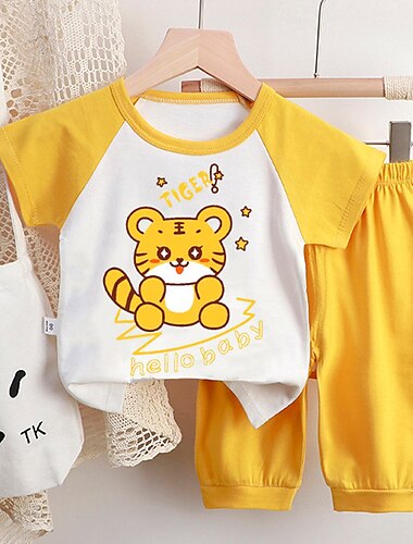 2 osainen Taapero Poikien T-paita ja shortsit Asu Sydän Piirretty Kissa Lyhythihainen Crewneck Puuvilla Aseta ulko- Muoti Päivittäin Perus Kesä Kevät 3-7 vuotta 5-pisteinen housupuku - beige söp
