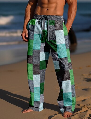  Herren Hose Hosen Sommerhosen Strandhose Kordelzug Elastische Taille 3D-Druck Farbblock Geometrische Muster Grafik-Drucke Komfort Casual Täglich Festtage Strassenmode Hawaiianisch Gelb Hellgrün