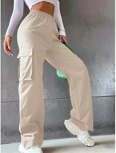  γυναικείο παντελόνι cargo χακί παντελόνι ολόσωμο βαμβακερή τσέπη μικροελαστική ψηλόμεση μόδα streetwear καθημερινά ρύζι λευκό ζαφείρι s m καλοκαίρι άνοιξη