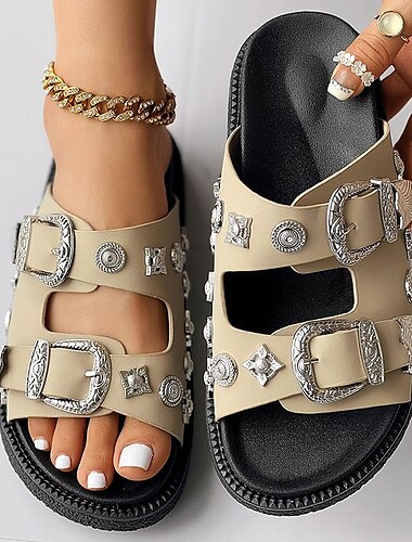  Zwarte slippers voor dames, geïnspireerd op het westen - sandalen met zilveren gesp en bandjes voor boho- en casual zomeroutfits