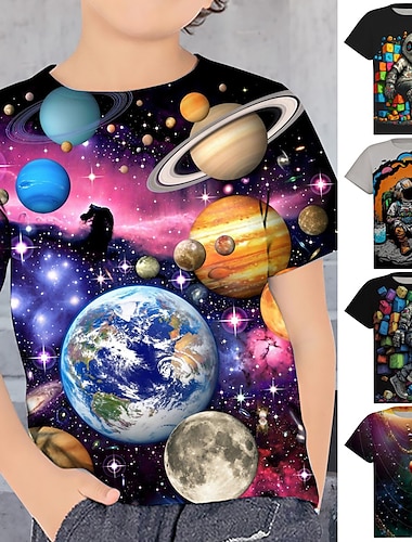  Gutt 3D Grafisk Astronaut T skjorte T-skjorte Kortermet 3D-utskrift Sommer Vår Aktiv Sport Mote Polyester Barn 3-12 år utendørs Avslappet Daglig Normal