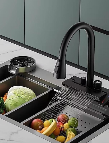  Rubinetto Cucina A Cascata Estraibile Miscelatore Lavello Vasca Rubinetti Display Digitale Lcd, Con Tubo G1/2 Freddo E Caldo