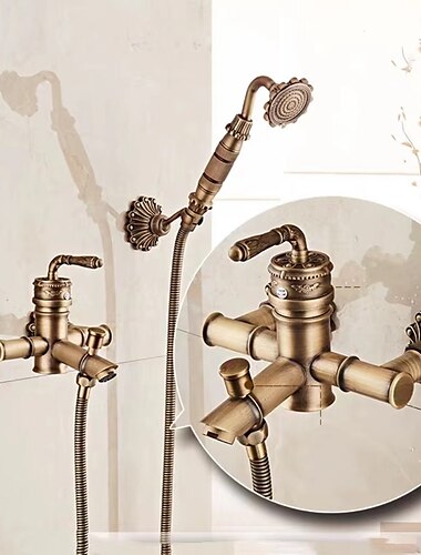  juego de grifo de ducha montado en la pared de latón vintage, sistema de ducha con rociador de mano, con caño de bañera, manguera de agua fría y caliente
