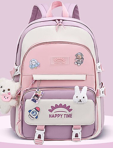  Zaino scolastico impermeabile per ragazze con simpatico ciondolo a forma di orso e toppe a forma di cartone animato – zaino leggero per studenti delle scuole elementari o medie
