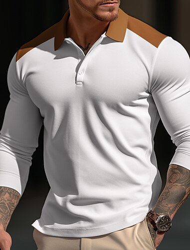  Men's Button Up Polos Polo Shirt Casual Sports Lapel Long Sleeve Fashion Basic Color Block Patchwork Summer Regular Fit Black White Army Green Khaki Button Up Polos