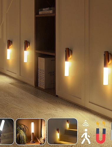  led pir menneskelig bevægelsessensor væglampe usb træpind flytte natlys magnetisk korridor skab garderobe lys boligindretning lys