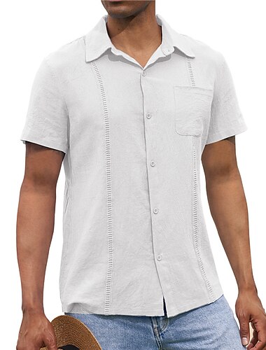  Herren Hemd leinenhemd Guayabera Hemd Sommerhemd Strandhemd Knopfhemd Einfach Urlaub Lässig Schwarz Weiß Marineblau Blau Kurzarm Revers Sommer Bekleidung Patchwork