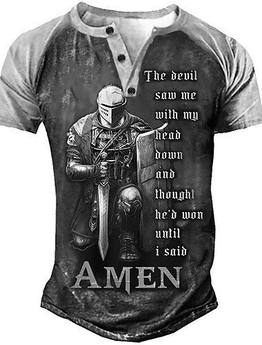  Mannen's Korte Mouw Henley Graphic Tee 'De Duivel Zag Me Met Mijn Hoofd Naar Beneden Totdat Ik AMEN Zei' Motiverende 3D Print voor Levensstijl  Veerkracht