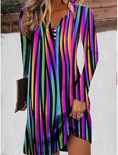  Robe Mini Femme Robe Rayée Imprimé Bouton Col Fendu Quotidien Rendez-vous Manches Longues Été Printemps
