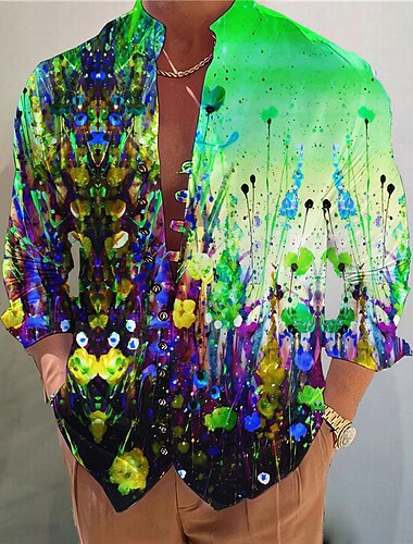  Miesten Kukka Väripalikka Paita Button Up paita Pitkähihainen Muoti Katutyyli Suunnittelija ulko- Kausaliteetti Päivittäin Kesä Kevät Syksy Stand-kaula-aukko Painettu Rubiini Sininen Vaalea purppura