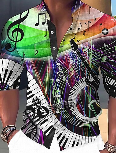  Voor heren Bestuursmeesters Muziek Opmerkingen Overhemd Overhemd met knopen Lange mouw Modieus Streetwear Ontwerper Casual Dagelijks Buiten Zomer Lente Herfst Opstaand Afdrukken blauw Geel Paars