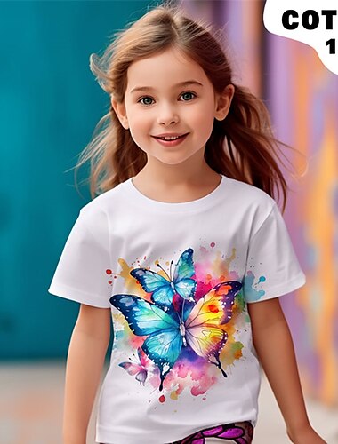  女の子 3D グラフィック バタフライ Tシャツ Ｔシャツ 半袖 3Dプリント 夏 春 活発的 ファッション かわいいスタイル コットン１００％ 子供 3〜12年 アウトドア カジュアル 日常 レギュラー