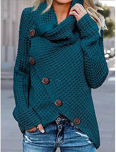  Mujer Pulóveres De Punto Botón Color sólido Casual Manga Larga Ajuste regular Cárdigans suéter Cuello Alto Otoño Invierno Amarillo Oscuro Verde Trébol Blanco