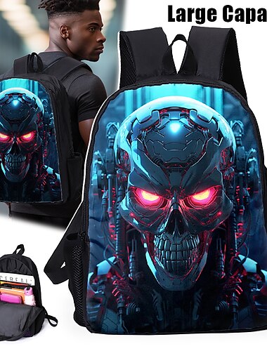  Sac à dos grande capacité pour adolescents avec tête de mort cybernétique – Sac pour ordinateur portable imprimé robot futuriste aux yeux rouges avec port USB pour l'école ou les voyages