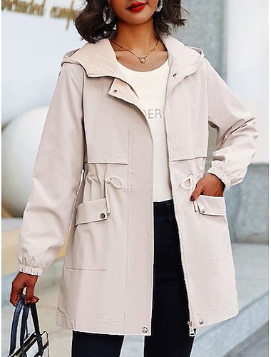  Women's Trench Coat Fall Outdoor Zipper Plain Breathable Streetwear Regular Fit Outerwear Long Sleeve Black M