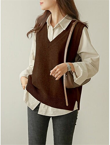  Women's Sweater Vest Stylish Casual Soft Solid Color Maillard Ribbed V Neck Oversized Sleeveless Knit Daily Going out Weekend Black Royal Blue Summer Fall