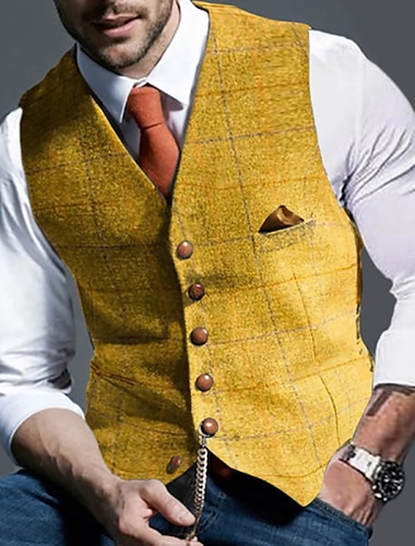  Voor heren Vest Alledaagse kleding Uitgaan Vintage Modieus Lente & Herfst nappi Polyester Comfortabel Effen Enkele rij knopen Zonder Kraag Normale pasvorm Polijsten Lichtgrijs Hesje