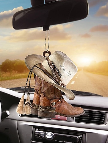  Auto-Rückspiegel-Ornament, Auto-Innendekoration, Cowboy-Stiefel und Hüte, flacher Acryl-Anhänger, Büro, Zuhause, Gartendekoration