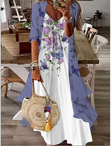  Damen Kleid-Set Casual kleid Kleid drucken Modisch Brautkleider schlicht Blumen Bedruckt kleid lang 3/4 Ärmel V Ausschnitt Outdoor Urlaub Rosa Blau Himmelblau Sommer Frühling Regular Fit