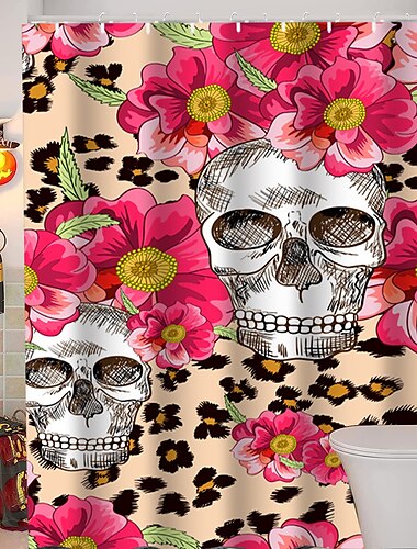  Halloween-Horror-Duschvorhang, Halloween-Duschvorhang, Bauernhaus-Badezimmer-Dekor-Set, Polyester, wasserdicht, 12 Stück, Kunststoffhaken, Skelett, Kürbis, Hexe