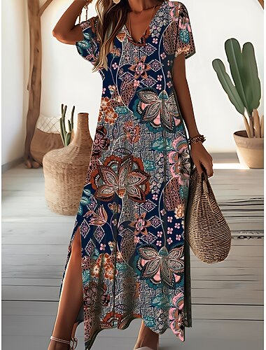  Damen Maxi-Kleid Floral Ditsy Floral Split Druck V-Ausschnitt Alltag Urlaub Kurzärmlig Sommer Frühling
