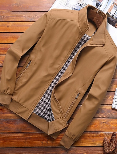  Men's Jacket Business Daily Windproof Pocket Spring Autumn Plain Fashion Casual Stand Collar Regular Black Blue Green khaki Jacket