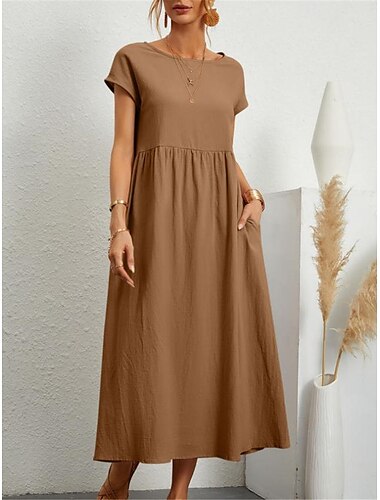  Damen Armeegrün Schwarz Weiß Sommer Frühling Midikleid Baumwoll-Leinen-Kleider Freizeitkleid Baumwoll-Sommerkleid Basic Klassisch Lässig Outdoor Täglich Lässiger Schnitt Einfach Rundhalsausschnitt