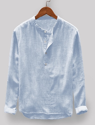  Voor heren Overhemd linnen overhemd Overhemd met bandkraag Zomer overhemd Strand Kleding Effen Kleur Casual Hawaii Licht Blauw Licht Grijs Abrikoos Grijs Halve mouw Kraag Kleding