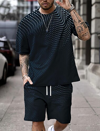  Herren Geometrisch Grafikdrucke 2St T-Shirts-Sets Passende Sets Kurzarm Kurze Hosen Rundhalsausschnitt Sport Designer Lässig Outdoor Urlaub Täglich Frühling & Sommer Schwarz Grün Dunkelblau