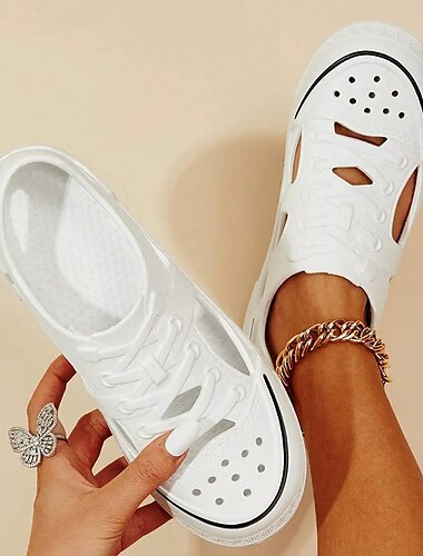  γυναικεία λευκά slip-on κούφια αθλητικά παπούτσια με σχέδιο με κορδόνια – ελαφριά και αναπνεύσιμα casual παπούτσια για το καλοκαίρι και την καθημερινή χρήση