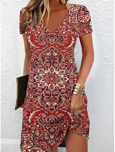  Femme Mini robe Robe casual Robe d'été Robe imprimée Actif Mode Vêtement de rue Extérieur Vacances du quotidien Standard Floral Manche Courte Col V Noir Blanche Rouge Rouge Bordeaux Eté Printemps