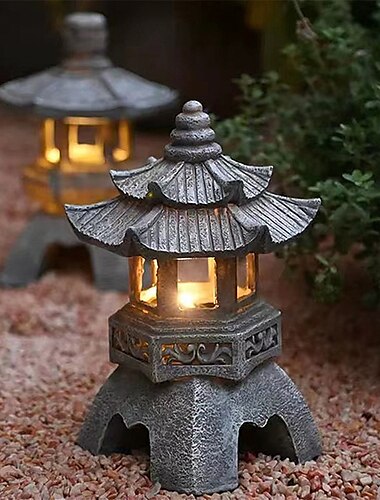  decoração ornamentos zen acessórios para jardim torre movida a energia solar estátua palácio lanternas lâmpada solar pagode de pedra lanterna