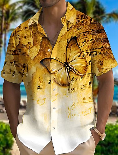  Voor heren Vlinder Muziek Opmerkingen Overhemd Hawaiiaans overhemd Overhemd met knopen Korte Mouw Modieus Ontwerper Casual Buiten Straat Casual Zomer Lente Strijkijzer Afdrukken Geel blauw