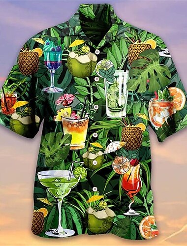  Herre Skjorte Hawaii skjorte Grafiske trykk Drikke Aftæpning Lysegul Gul Lysegrønn Mørkegrønn Lilla Avslappet Hawaiisk Kortermet Trykt mønster Knapp ned Klær Tropisk Mote Hawaiisk Myk