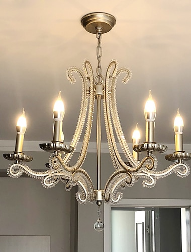  Goldener moderner Bauernhaus-Kronleuchter, 3/6/8/10-flammig, weiße Holzperle im Used-Look & Messing-Eisen-Leuchte, Shabby-Chic-Kerzen-Deckenbehang für Esszimmer, Wohnzimmer, Küche, Schlafzimmer,